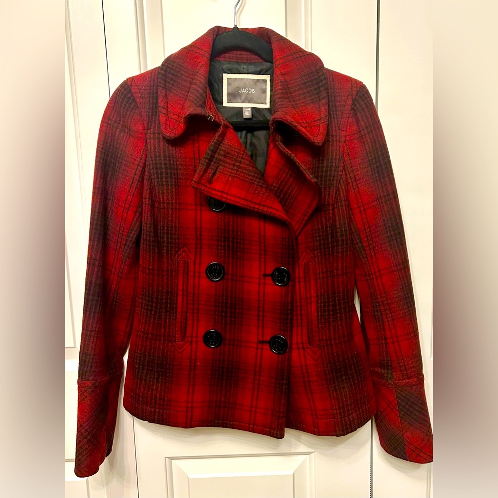 Jacob Women’s Vintage Red Plaid Stylish Wool Waist Blazer Pea Coat Size XS